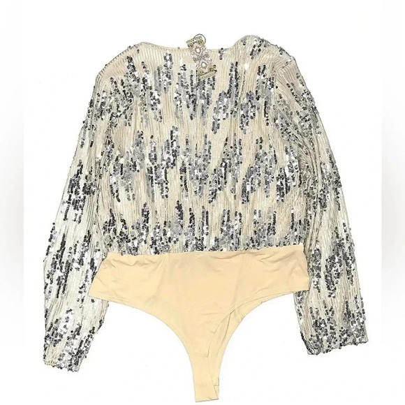 Boohoo Cream Navy Silver Sequin Party Deep V-Neck Bodysuit Plus Size 24 NWT - Picture 3 of 3
